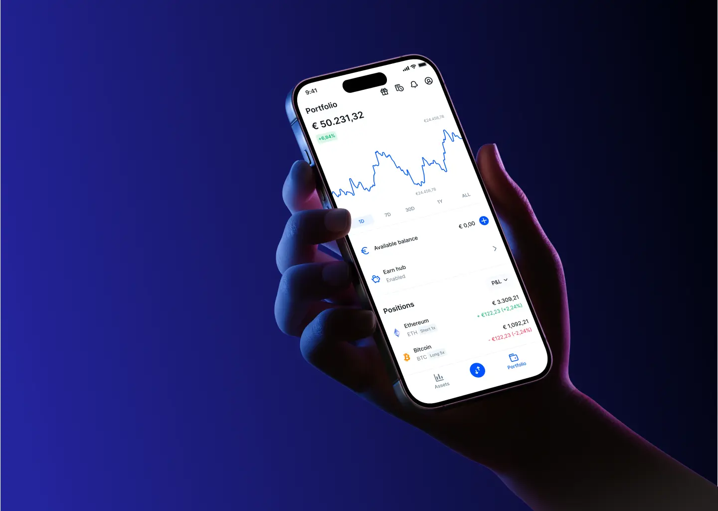 A hand holding a phone showing the Bitvavo portfolio screen, with a balance chart and open positions.