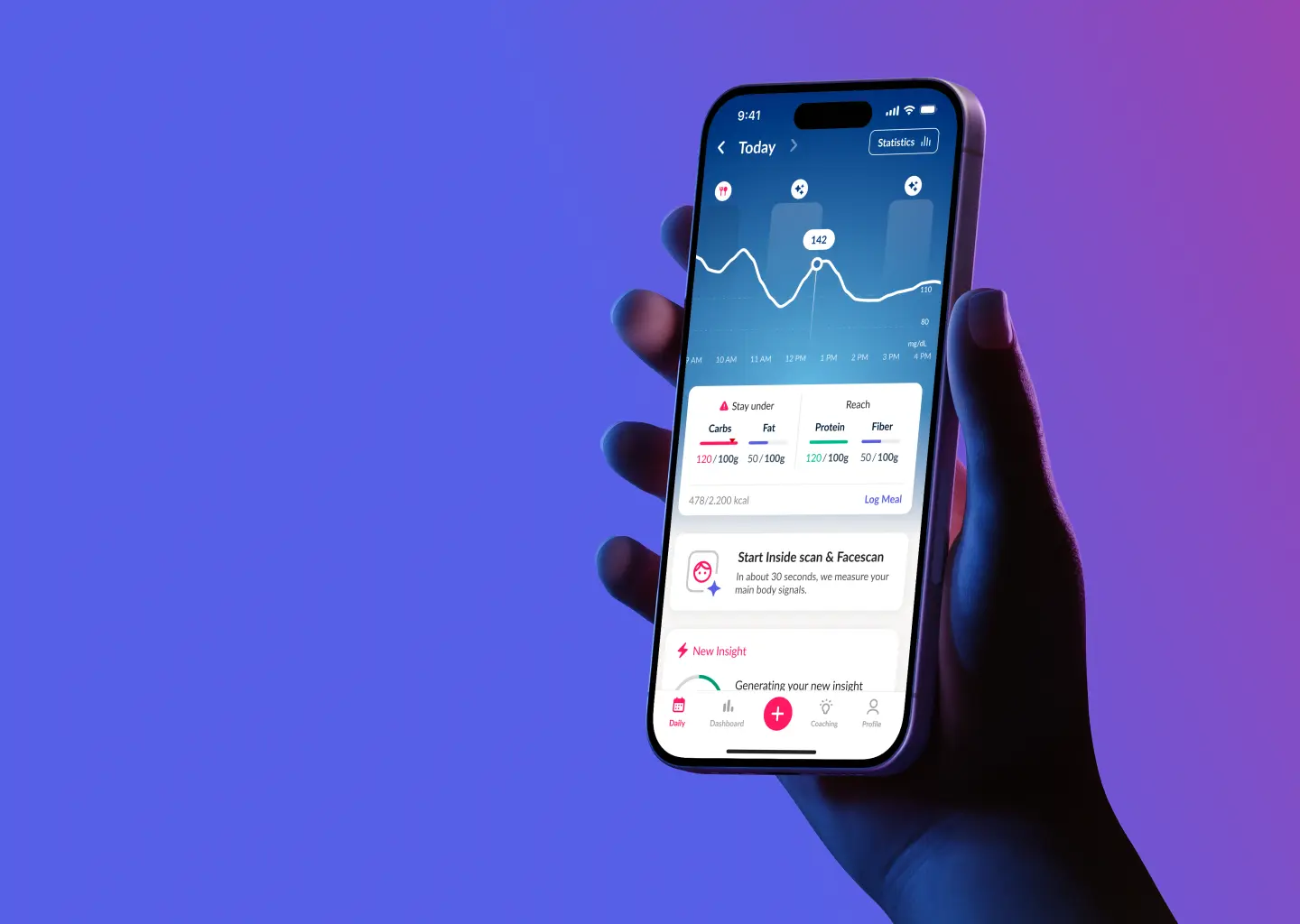 A hand holding a phone showing the Hello Inside app tracking blood glucose through the day alongside macro targets.